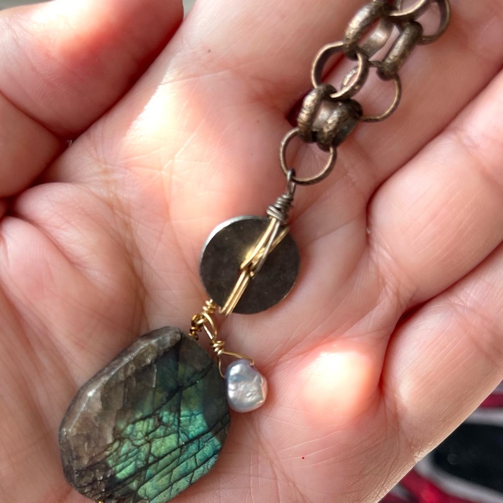 Labradorite oxidized sterling silver, pearl and bronze chain necklace-Artistic!